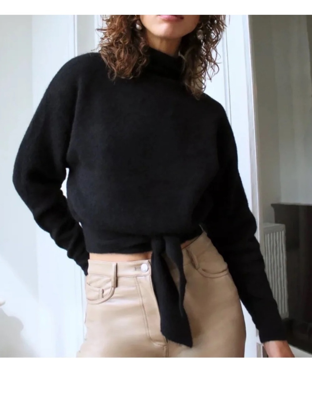 Aritzia Black Tie-Front Mock Neck Sweater